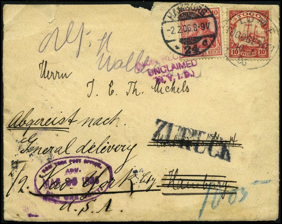 TOGO 9 BRIEF, 1906, 10 Pf. Dunkelkarminrot Auf Brief Der Woermann-Linie Von LOME Nach Hamburg Mit Zusatzfrankatur 10 Pf. - Togo