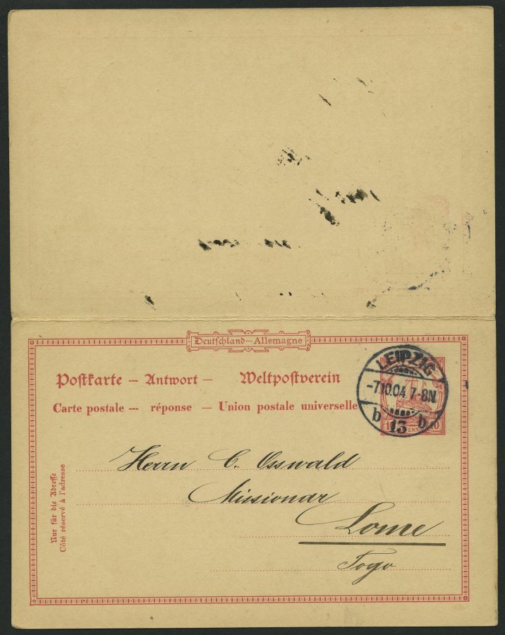 TOGO P 8 BRIEF, 1904, 10/10 Pf. Karmin Von LOME Nach Trebsen, Antwortteil Stempel LEIPZIG, Pracht - Togo