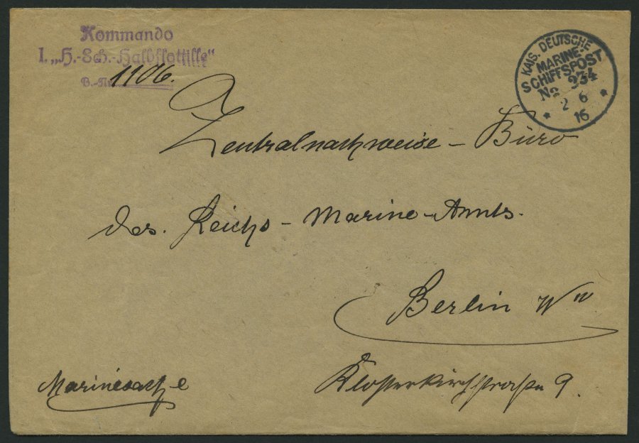 MSP VON 1914 - 1918 234 (I. Handelsschutz-Halbflottille), 2.6.1916, Marinesache (Dienstbrief) Des Kommandos Der I. Hande - Maritime