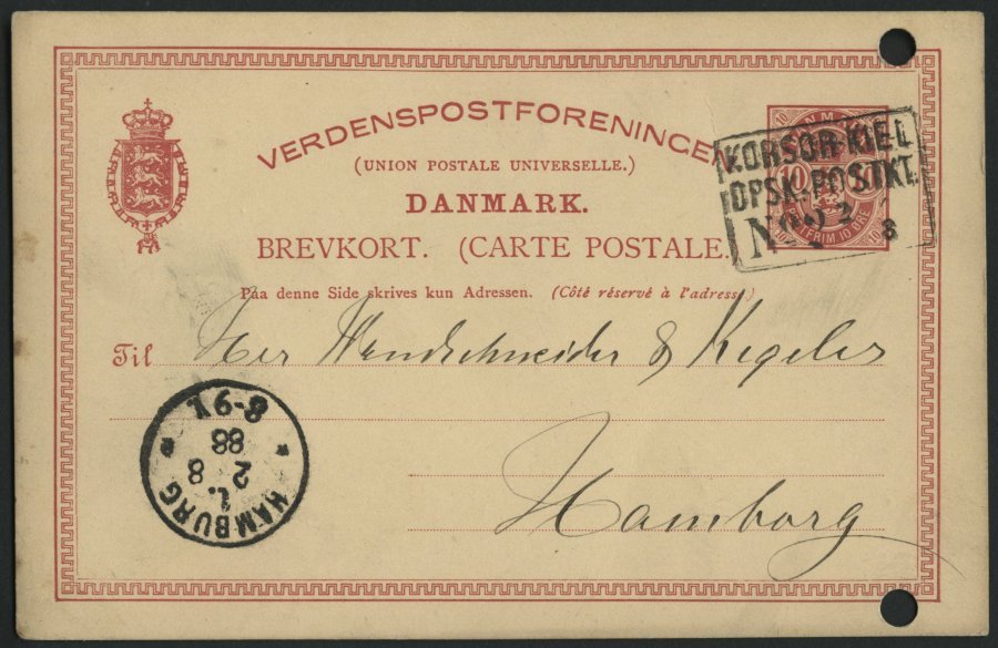 DEUTSCHE SCHIFFSPOST KORSØR-KIEL No. 2, R3 Auf Dänischer Ganzsachenkate (1888) Nach Hamburg, Gelocht Sonst Pracht - Marítimo