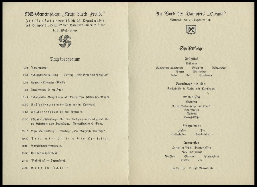 DEUTSCHE SCHIFFSPOST 1938, KDF- Tagesveranstaltungskarte Vom 24. 12., Inklusive Speisenfolge Von Bord Der OCEANA , Feins - Marítimo