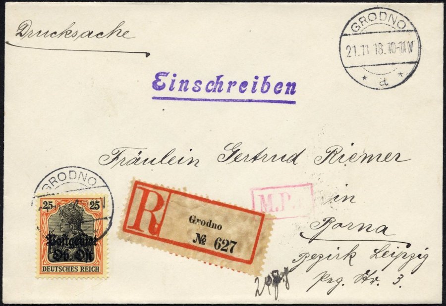 POSTGEBIET OB.OST 9 BRIEF, 1918, 25 Pf. Rötlichorange, Einzelfrankatur Auf Drucksachen-Einschreibbrief Von GRODNO Nach B - Otros & Sin Clasificación