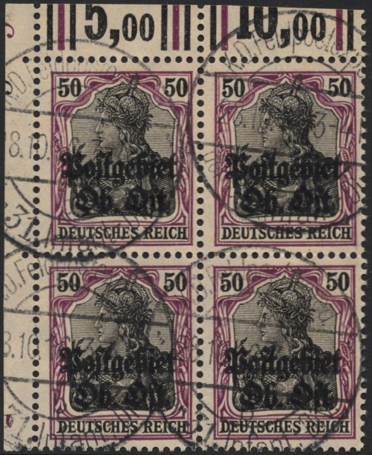 POSTGEBIET OB.OST 11aWOR O, 1916, 50 Pf. Graulila/schwarz, Walzendruck 1`4`1/2`3`2 Im Viererblock, Ränder Etwas Verkürzt - Other & Unclassified