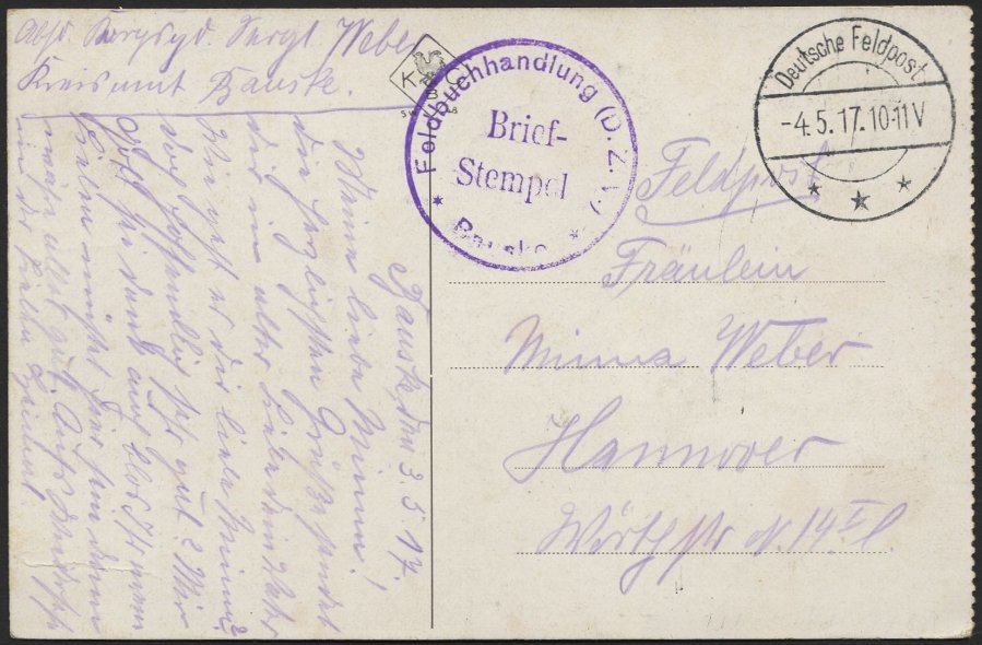 DT. FP IM BALTIKUM 1914/18 Feldpoststation Nr. 211, 4.5.17, Mit Tarnstempel DEUTSCHE FELDPOST ***, Auf Farbiger Ansichts - Latvia