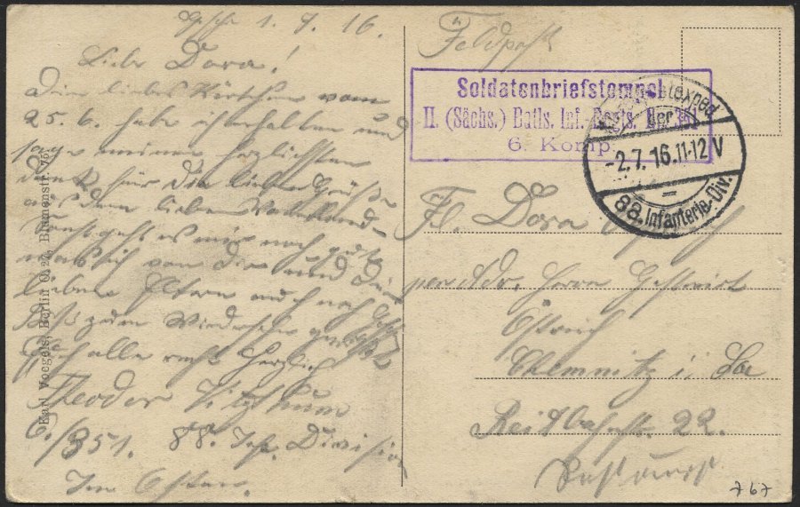 LETTLAND 767 BRIEF, K.D. FELDPOSTEXPED. 88. INFANTERIE-DIV., 2.7.16, Auf Ansichtskarte (Mitau-Poststraße) Nach Chemnitz, - Letonia