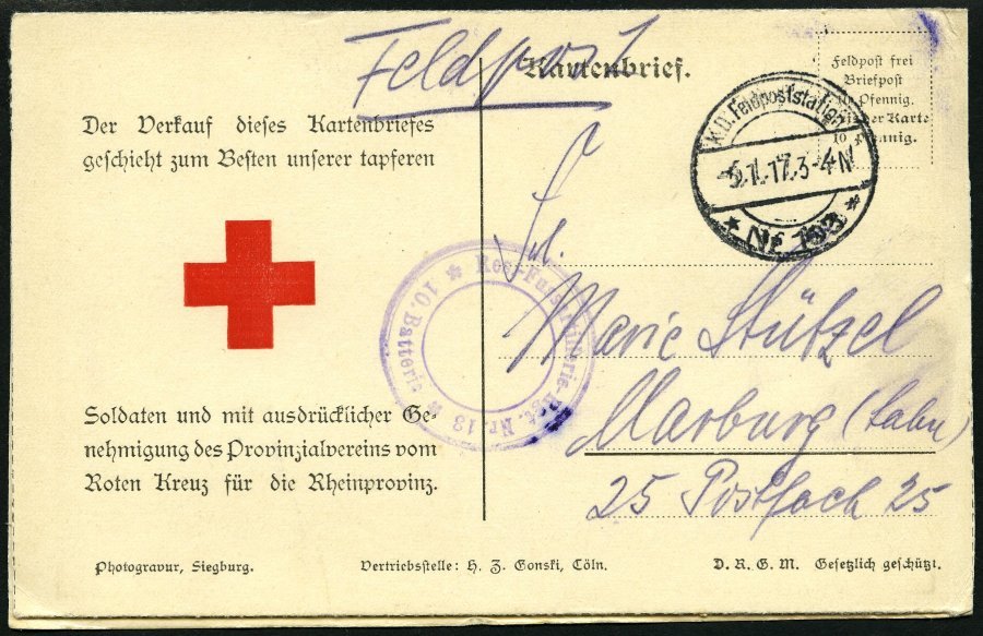 FELDPOST I.WK 1917, Feldpost-Kartenbrief, Feldpost-Station No. 103, Aufdruckkarte Zum Besten Des Roten Kreuzes Der Rhein - Used Stamps