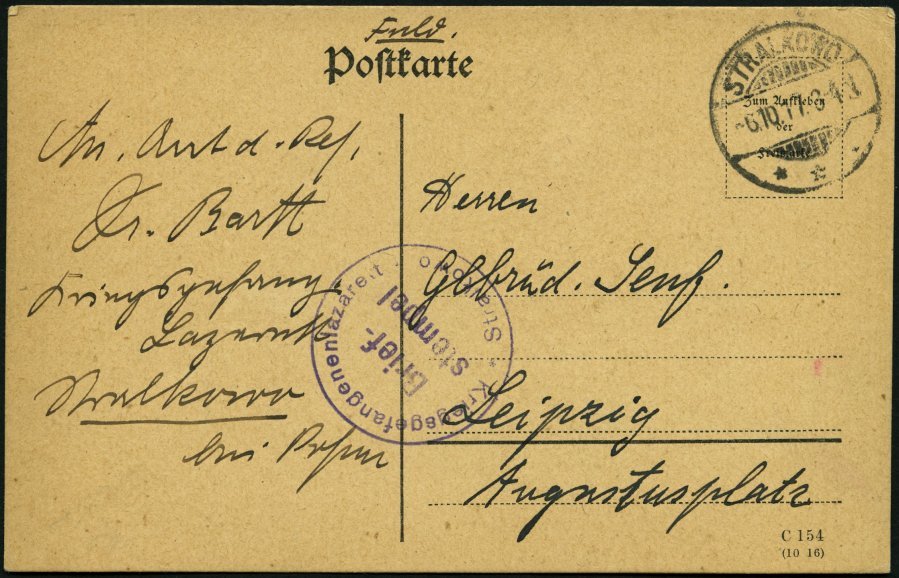 FELDPOST I.WK 1917, Feldpostkarte Mit Violettem K1 KRIEGSGEFANGENENLAZERETT STRALKOWO Nach Leipzig, Feinst - Used Stamps