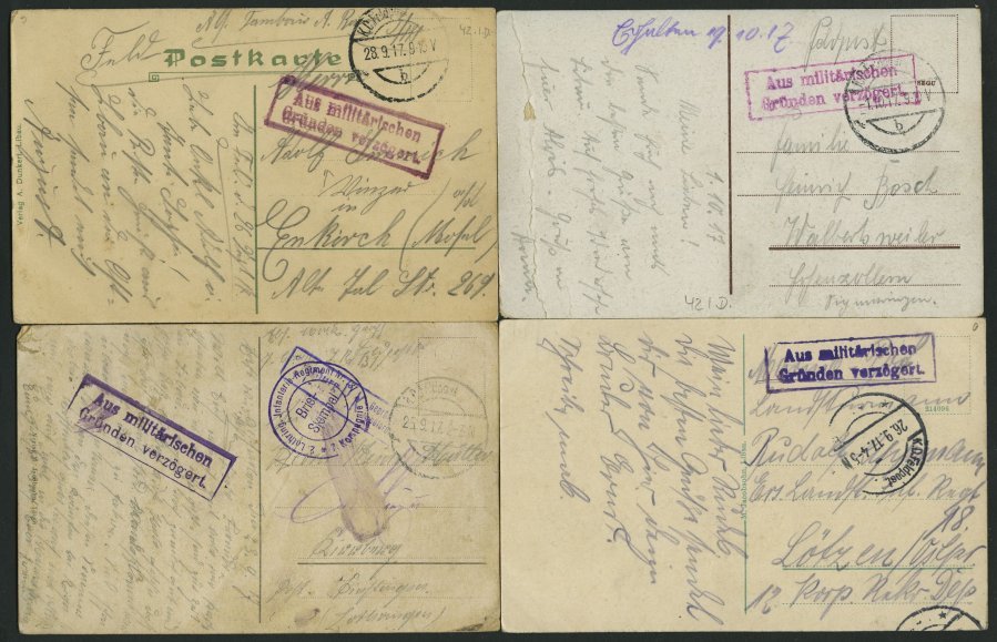 FELDPOST I.WK 1915/17, 7 Feldpostkarten Aus Dem Baltikum, Mit Verschiedenen Stempeln Aus Militärischen Gründen Verzögert - Used Stamps