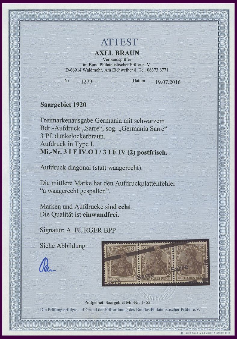 SAARGEBIET 3I F IV **, 1920, 3 Pf. Dunkelockerbraun, Type I, Diagonaler Aufdruck Im Waagerechten Dreierstreifen, Mittler - Otros & Sin Clasificación