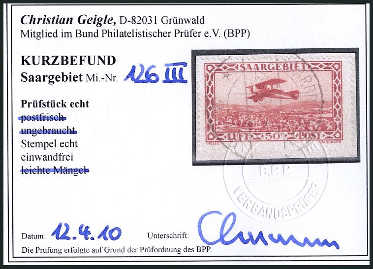 SAARGEBIET 126III BrfStk, 1928, 50 C. Flugpost Mit Abart Unteres Viereck Im Rechten Rahmen Senkrecht Gespalten, Prachtbr - Otros & Sin Clasificación