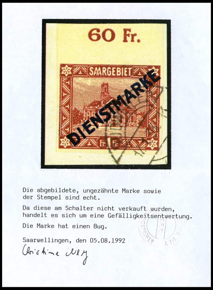 SAARGEBIET D 11IU BrfStk, 1922, 1 Fr. Diagonaler Aufdruck, Type I, Oberrandstück, Ungezähnt, Mit Rückdatiertem Stempel, - Otros & Sin Clasificación