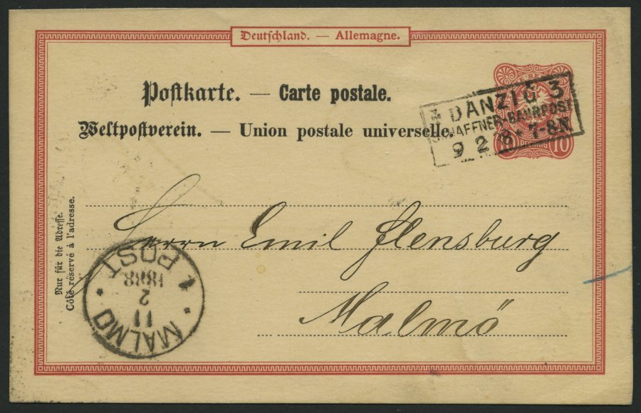 FREIE STADT DANZIG P 15 BRIEF, DANZIG 3 Schaffner Bahnpost, R3, 1888, Mit Dt. Reich 10 Pf. Karmin Auf Prachtkarte Nach M - Otros & Sin Clasificación