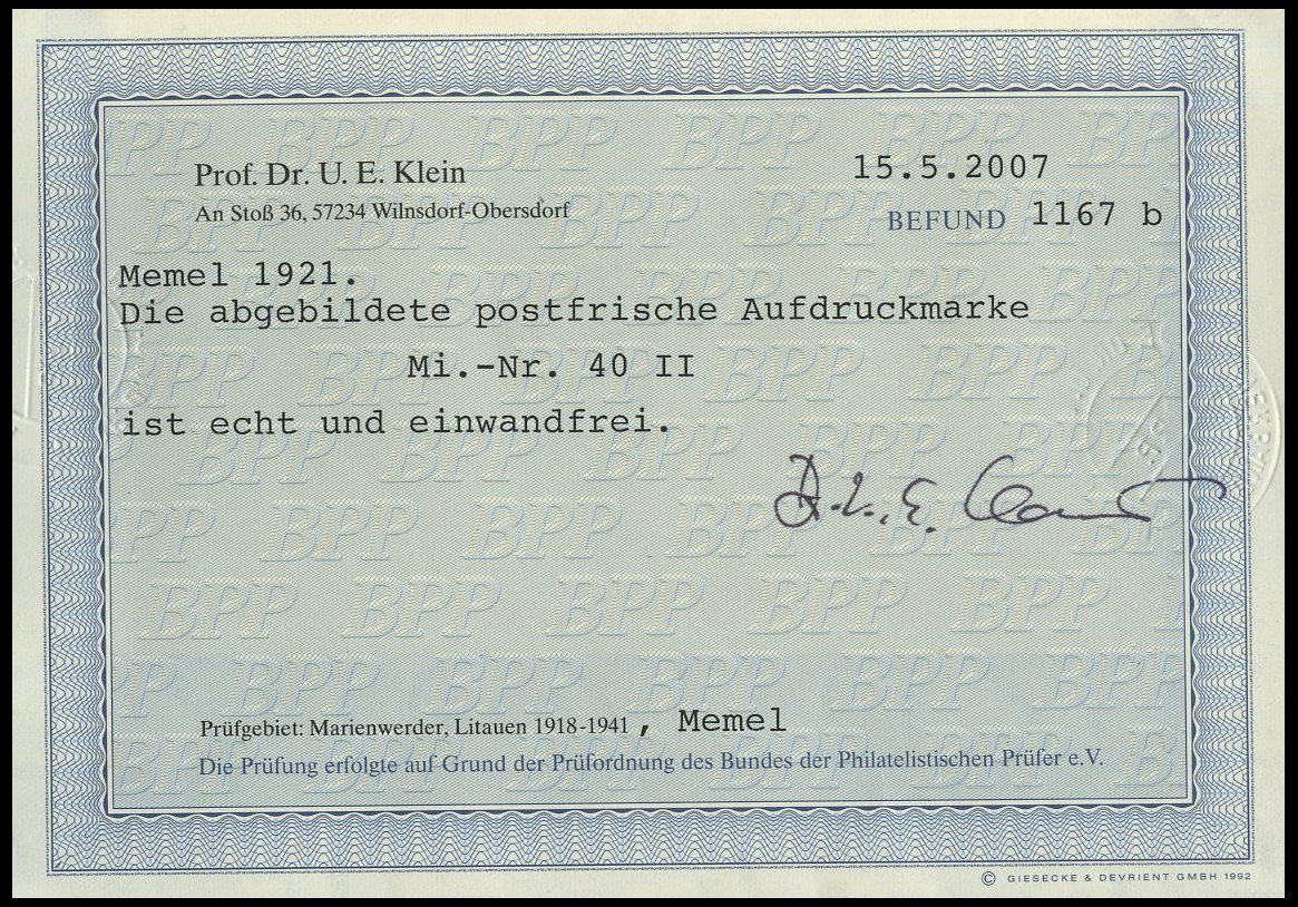 MEMELGEBIET 40II **, 1921, 60 Pf. Auf 40 C. Graurot/türkisgrau, Mit Punkt Im T, Postfrisch, Pracht, Fotobefund Dr. Klein - Klaipeda 1923