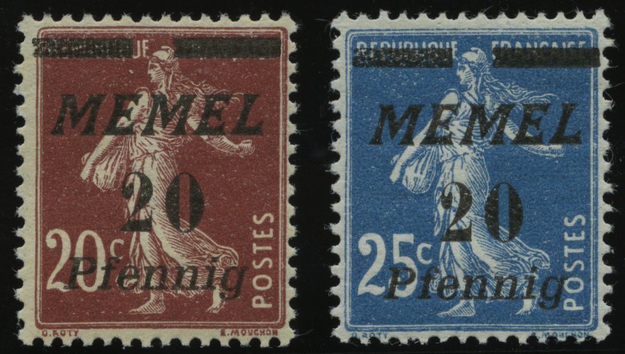 MEMELGEBIET 56/7 **, 1922, 20 Pf. Auf 20 C. Graubraun Und 20 Pf. Auf 25 C. Blau, 2 Postfrische Prachtwerte, Mi. 90.- - Memel (Klaipeda) 1923