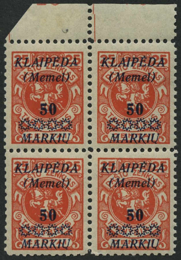 MEMELGEBIET 138 VB **, 1923, 50 M. Auf 25 C. Dunkelzinnoberrot Im Oberrandviererblock, Ein Wert Kleiner Gummifehler Sons - Memel (Klaipeda) 1923