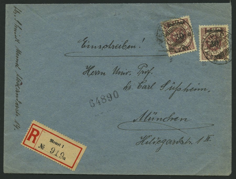 MEMELGEBIET 175 BRIEF, 1923, 30 C. Auf 500 M. Graulila, 2x Als Mehrfachfrankatur Auf Einschreibbrief Nach München, Prach - Memel (Klaipeda) 1923