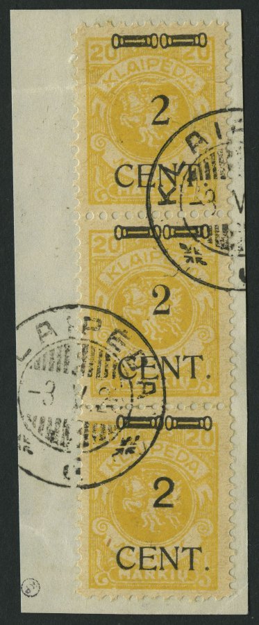 MEMELGEBIET 176 S 2,S 3 BrfStk, 1923, 2 C. Auf 20 M. Dunkelrötlichgelb, Typen II-III-IV Im Senkrechten Dreierstreifen, O - Memel (Klaipeda) 1923