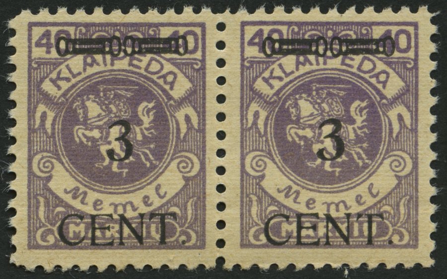 MEMELGEBIET 178W1 **, 1923, 3 C. Auf 40 M. Lebhaftgrauviolett, Type II Und I Zusammen Im Waagerechten Paar, Postfrisch, - Memel (Klaipeda) 1923