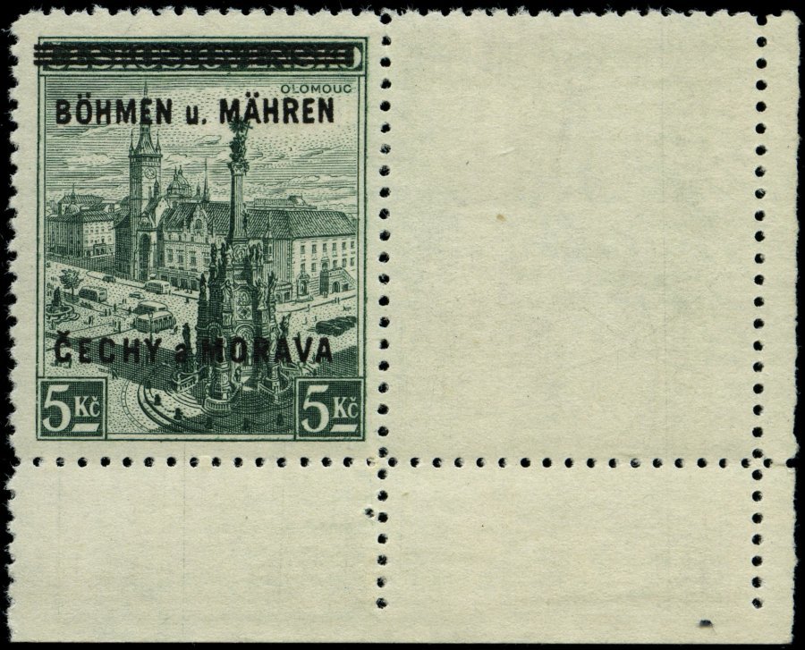 BÖHMEN UND MÄHREN 18LW **, 1939, 5 Kc. Olmütz Mit Waagerechtem Leerfeld, Bogenecke, Pracht, Gepr. Gilbert, Mi. (50.-) - Other & Unclassified