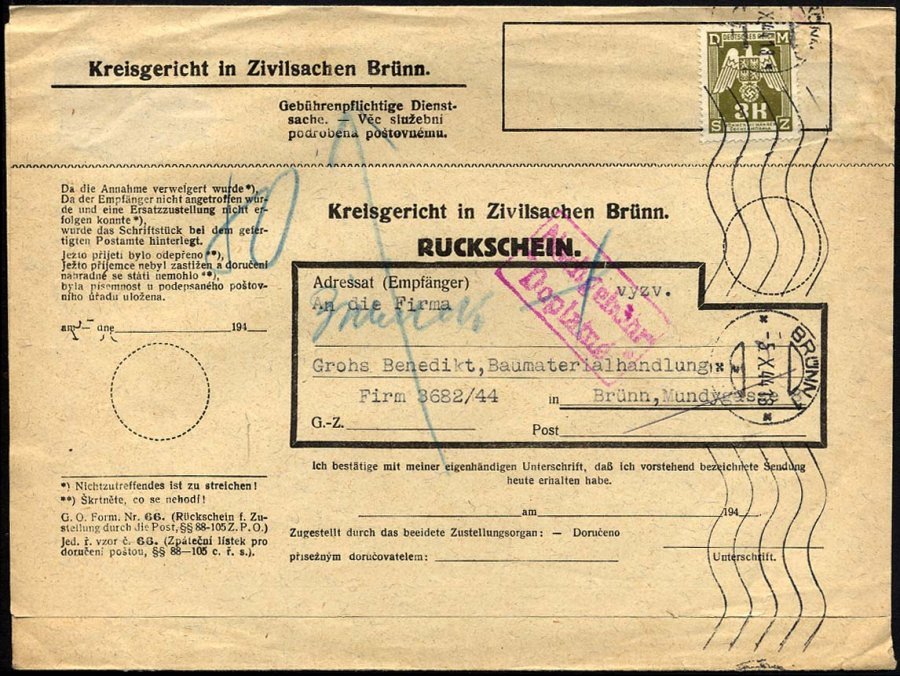 BÖHMEN UND MÄHREN D 10 BRIEF, Dienstmarken: 1944, 3 K. Braunoliv Auf Rückschein Vom Kreisgericht Für Zivilsachen Brünn, - Other & Unclassified