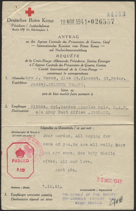 JERSEY 1941, Antrag Auf Nachrichtenvermittlung Des Deutschen Roten Kreuzes, Absender In St. Peter, Jersey, Pracht - Ocupación 1938 – 45