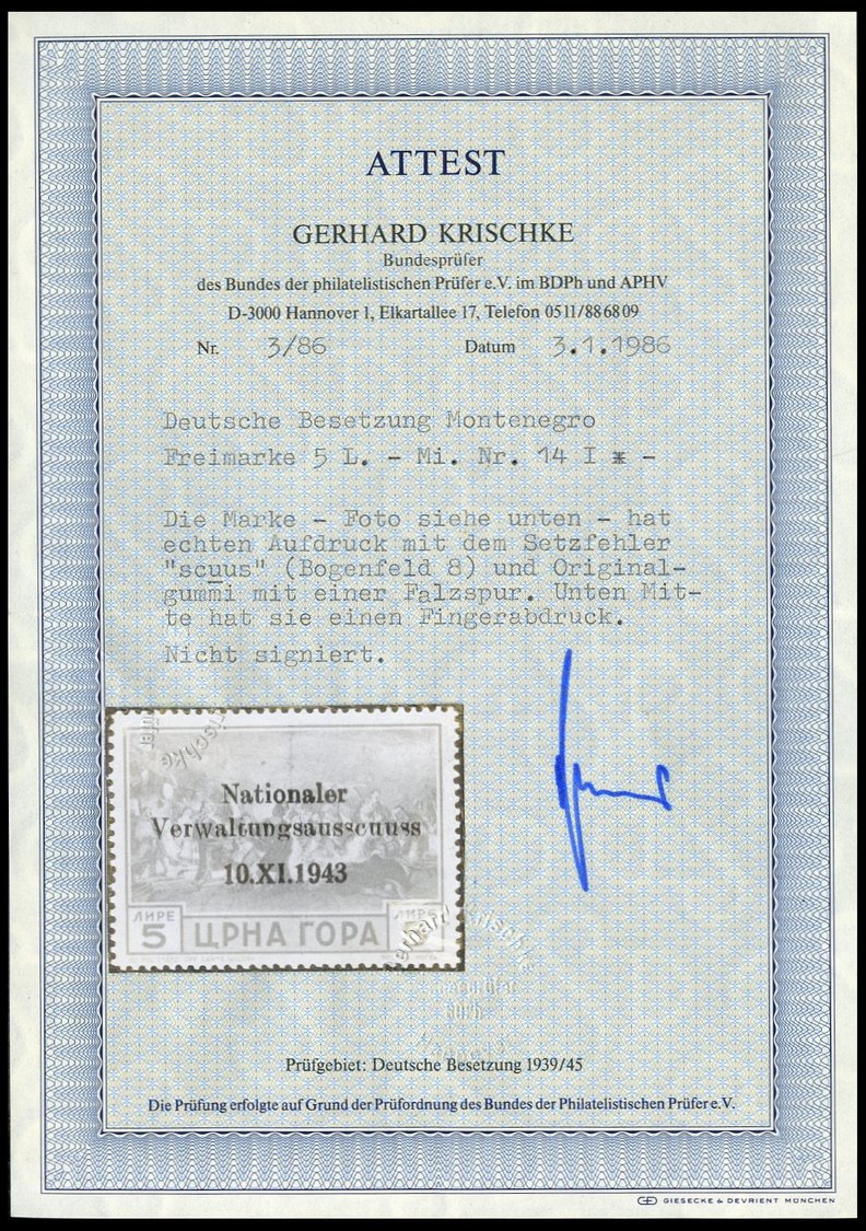MONTENEGRO 14I *, 1943, 5 L. Nationaler Verwaltungsausschuss Mit Setzfehler Scuus, Falzrest, Pracht, Fotoattest Krischke - Occupation 1938-45
