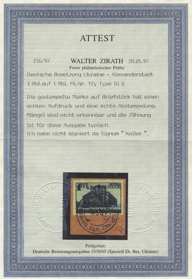 UKRAINE 12Y BrfStk, 1942, 3 Rbl. Auf 1 Rbl. Dunkelblau, Wz. Mäandermuster, Auf Briefstück (Marke Zur Kontrolle Gelöst Un - Occupation 1938-45