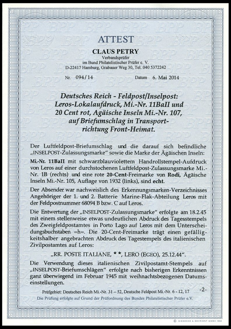 FELDPOSTMARKEN 11Ba BRIEF, 1945, Insel Leros, Durchstochen, Aufdruck Schwarzblauviolett, Type II, In Mischfrankatur Mit - Occupation 1938-45