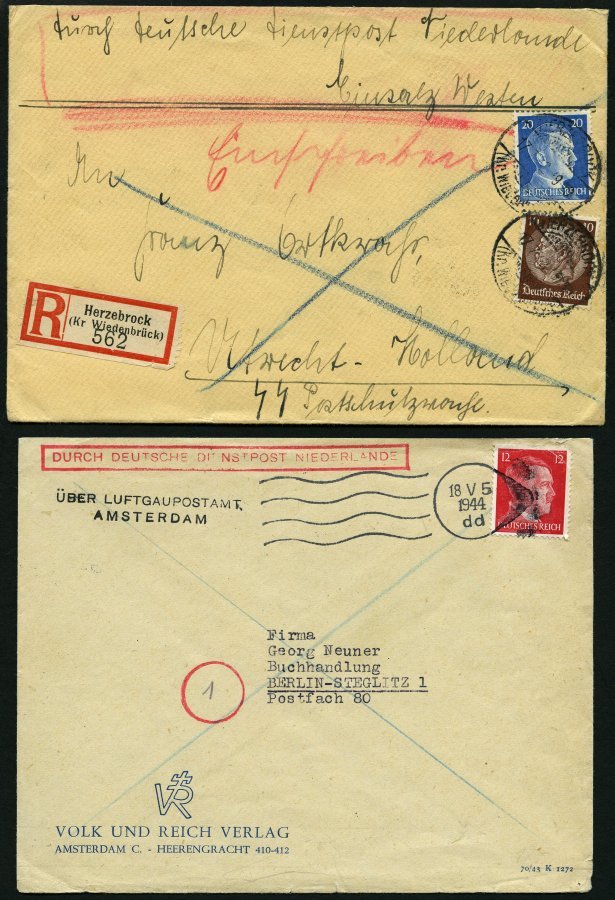 FELDPOST II. WK BELEGE 1942/44, 4 Verschiedene Belege Deutsche Dienstpost Niederlande, Dabei 2 Einschreibbriefe, Feinst/ - Occupazione 1938 – 45