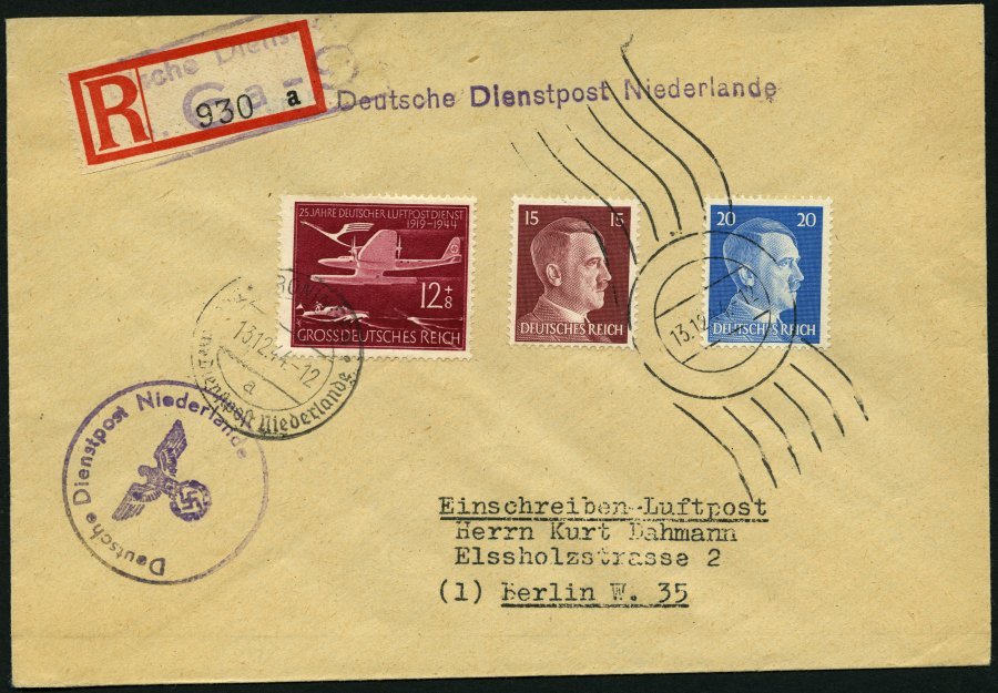 FELDPOST II. WK BELEGE 1942/44, 4 Verschiedene Belege Deutsche Dienstpost Niederlande, Dabei 2 Einschreibbriefe, Feinst/ - Ocupación 1938 – 45