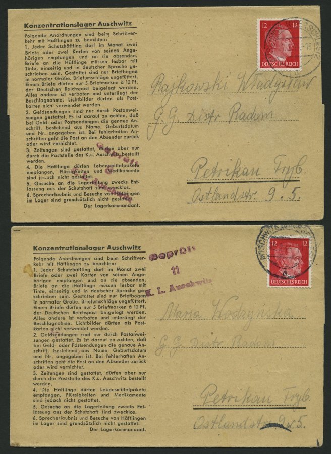 LAGERPOST II.WK 1943/4, 4 Vordruckfaltbriefe Aus Dem Konzentrationslager Auschwitz, Verschiedene Zensurstempel, Pracht - Occupation 1938-45