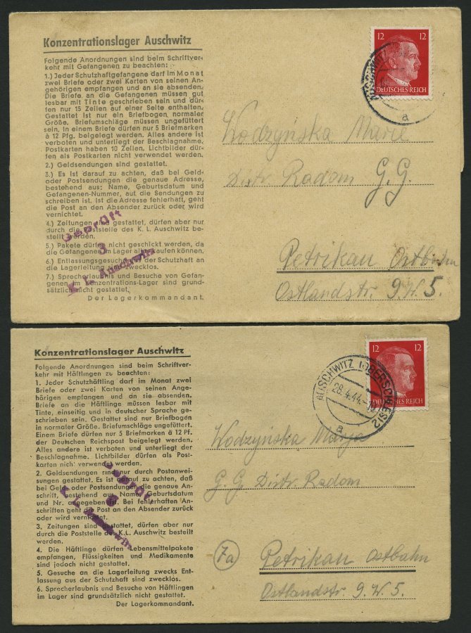 LAGERPOST II.WK 1943/4, 4 Vordruckfaltbriefe Aus Dem Konzentrationslager Auschwitz, Verschiedene Zensurstempel, Pracht - Occupation 1938-45