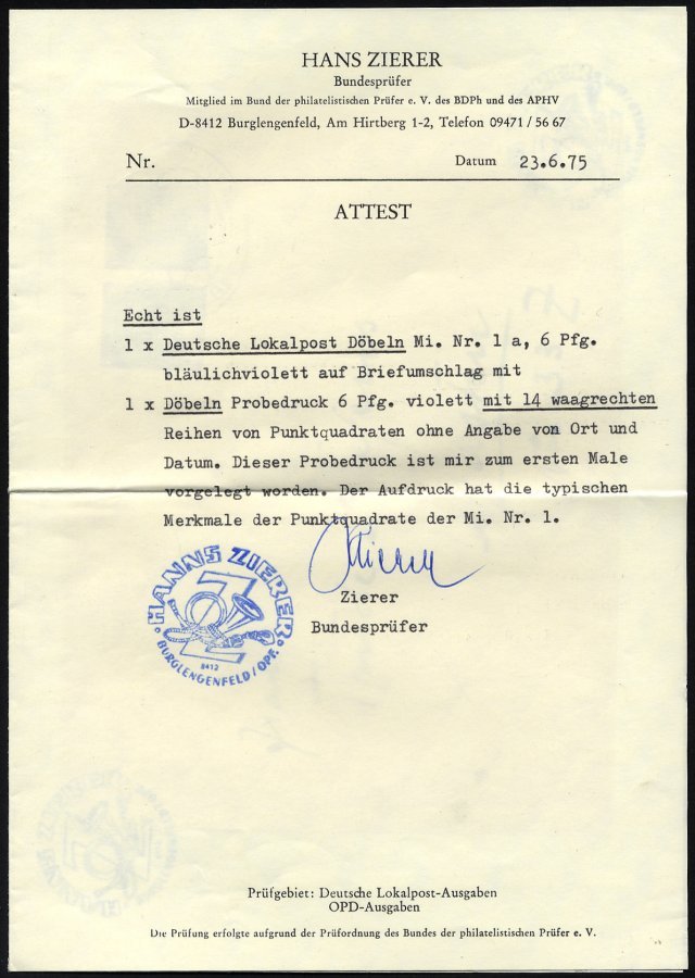 DÖBELN P 1b BRIEF, Probedruck: 1945, 6 Pf. Violett Mit 14 Waagerechten Reihen Ohne Ort Und Datum, Mit Zusatzfrankatur (M - Private & Local Mails