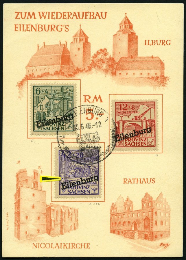 EILENBURG I-IIIA BrfStk, 1946, Wiederaufbau, Gezähnt, Auf Spendenkarte, Dabei Nr. III Mit Abart (auf Mi.Nr. 89I), Pracht - Otros & Sin Clasificación