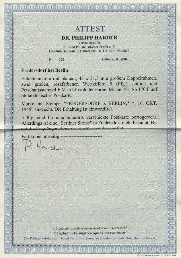 FREDERSDORF Sp 170F BRIEF, 1945, 5 Pf., Rahmengröße 43x31.5 Mm, Große Wertziffern, Mit Abart Wertziffern Seitlich, Auf P - Correos Privados & Locales