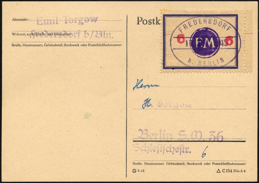 FREDERSDORF Sp 171FI BRIEF, 1945, 6 Pf., Rahmengröße 43x31.5 Mm, Große Wertziffern, Mit Abart Wertziffern Seitlich, Auf - Private & Local Mails