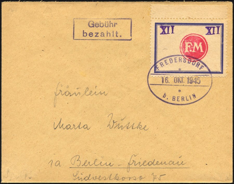 FREDERSDORF Sp 173 BRIEF, 1945, XII Pf., Rahmengröße 43x31.5 Mm, Große Wertziffern, Auf Brief, Pracht - Correos Privados & Locales