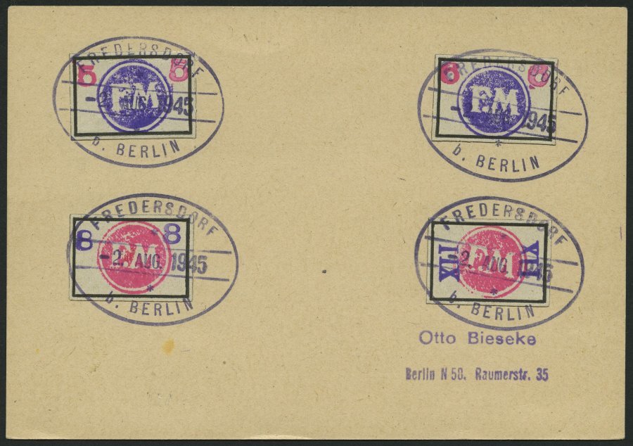 FREDERSDORF Sp 226-29 BRIEF, 1945, 5 - XII Pf., Rahmengröße 28x19 Mm, Große Wertziffern, Auf Karte Mit Stempeln Vom 2. A - Private & Local Mails