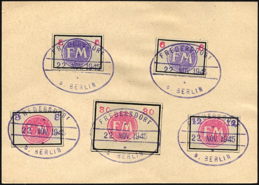 FREDERSDORF Sp231-34,50 BrfStk, 1945, 5 - 12 Pf., Rahmengröße 28x19 Mm Und 30 Pf., Rahmengröße 38x28 Mm, Kleine Wertziff - Private & Local Mails