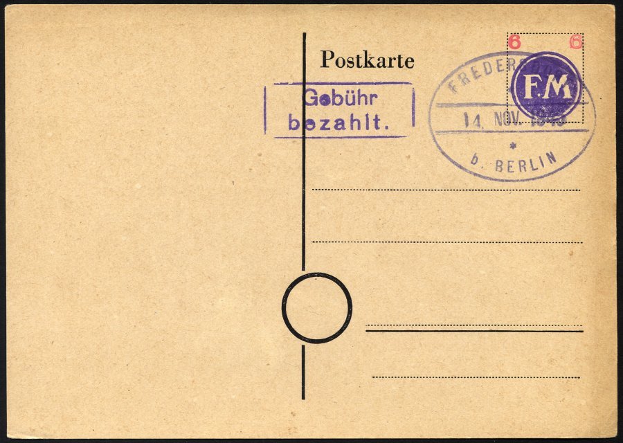 FREDERSDORF PA 02a BRIEF, 1945, Ganzsachenkarte 6 Pf. (FM Violett Und Wertziffer Rot), Blanko Gestempelt, Pracht, Fotoat - Private & Local Mails