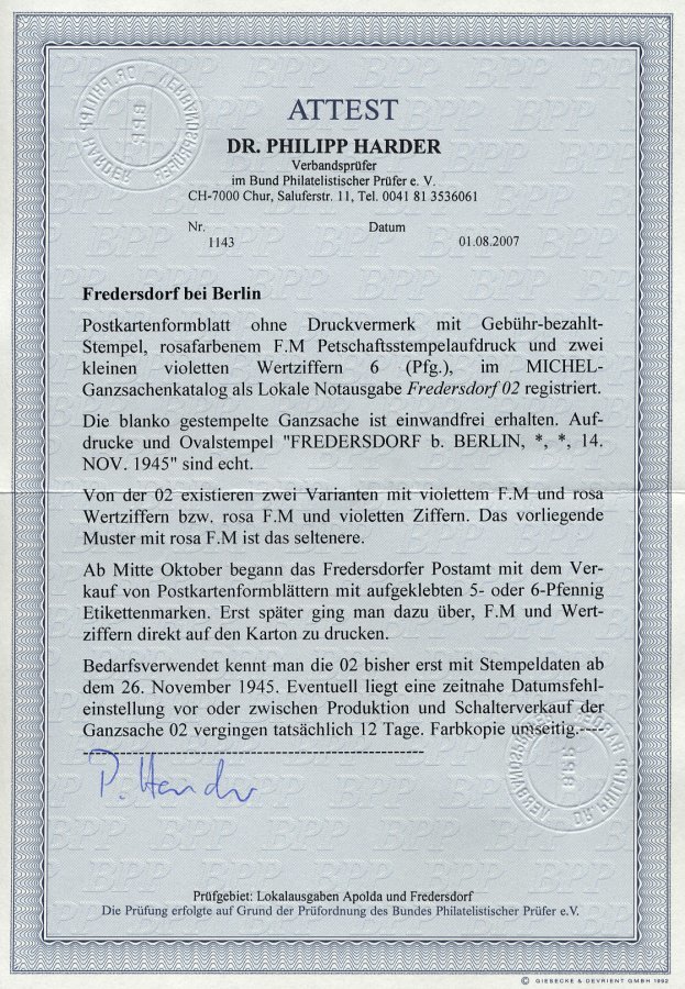 FREDERSDORF PA 02b BRIEF, 1945, Ganzsachenkarte 6 Pf. (FM Rosa Und Wertziffer Violett), Blanko Gestempelt, Pracht, R!, F - Private & Local Mails