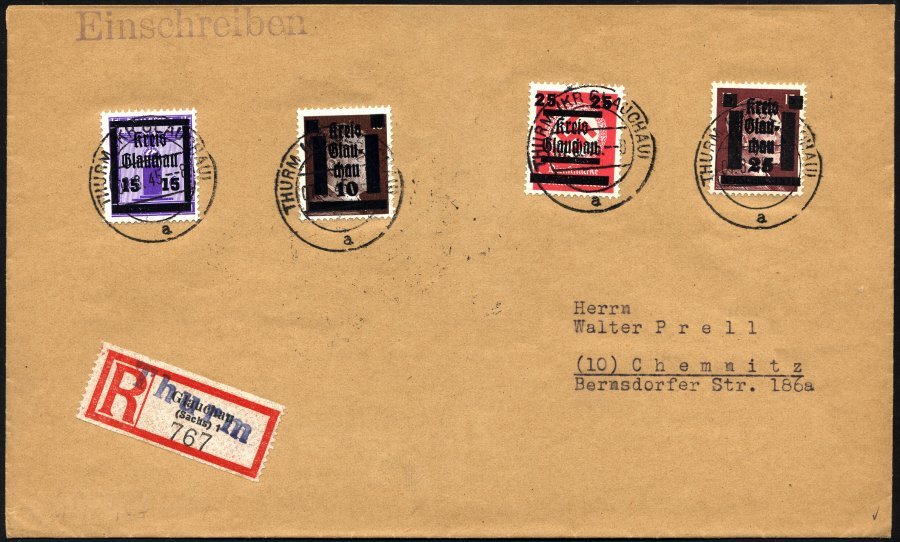 GLAUCHAU 24,37 BRIEF, 1945, 15 Auf 6 Pf. Lebhaftblauviolett Und 25 Auf 12 Pf. Lebhaftrotkarmin Mit Mi.Nr. 2 Und 8 Auf Ei - Correos Privados & Locales