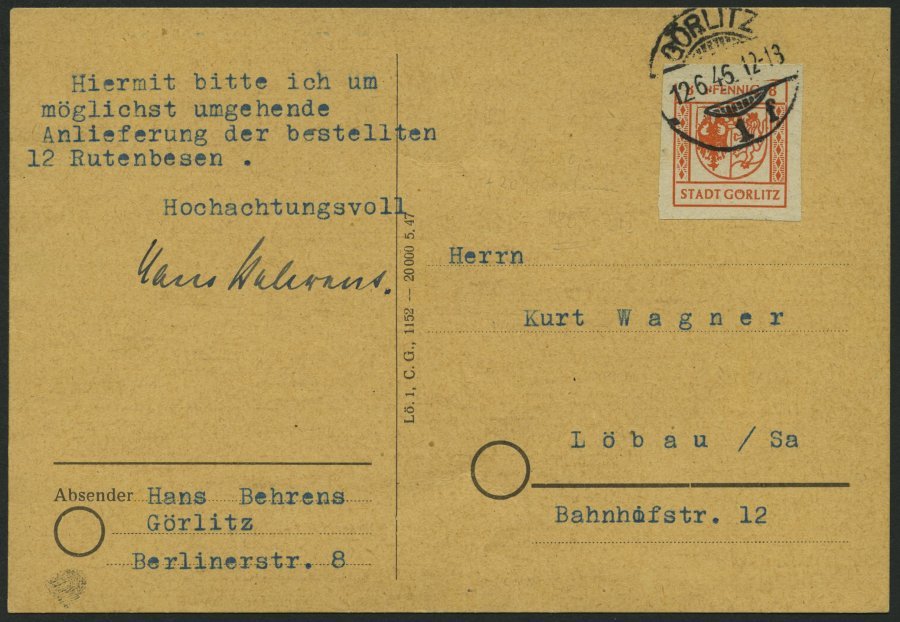 GÖRLITZ 3U BRIEF, 1945, 8 Pf. Rotorange, Graues Papier, Ungezähnt, Prachtbrief, R! - Correos Privados & Locales