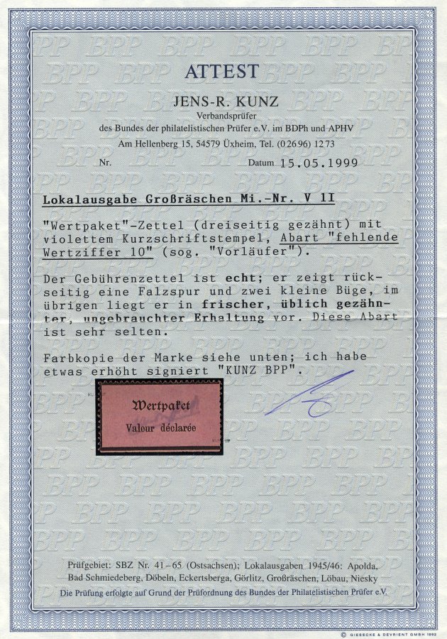 GROSSRÄSCHEN-VORLÄUFER V 1F *, 1945, 10 Pf. Wertangabe Fehlend, Falzrest, 2 Kleine Büge Sonst Pracht, R!, Fotoattest Kun - Correos Privados & Locales