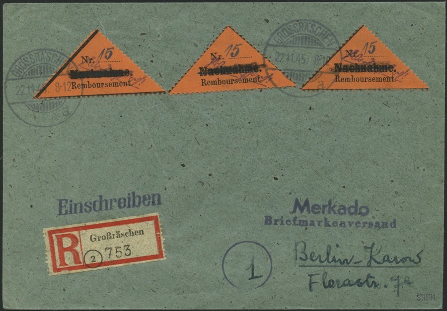 GROSSRÄSCHEN-VORLÄUFER V 2AI BRIEF, 1945, 15 Pf. Schwarz Auf Bräunlichrot, Gezähnt, Nachnahme In Antiqua, 3x Auf Einschr - Private & Local Mails