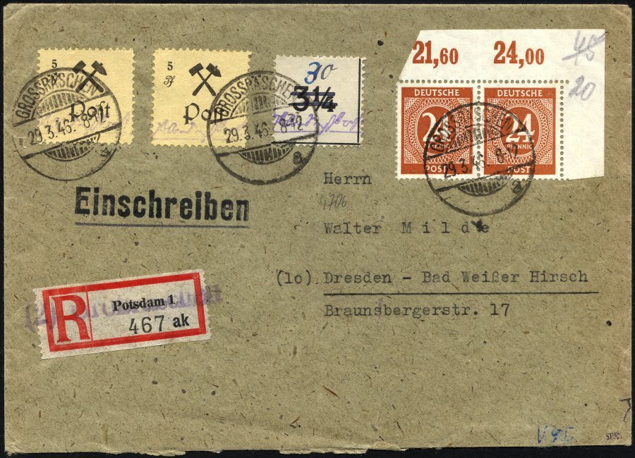 GROSSRÄSCHEN-VORLÄUFER V 9I BRIEF, 1945, 30 Pf. Uhrzeitklebezettel Mit Abart Wertangabe 10 Verbessert In 30 Mit Zusatz-M - Private & Local Mails