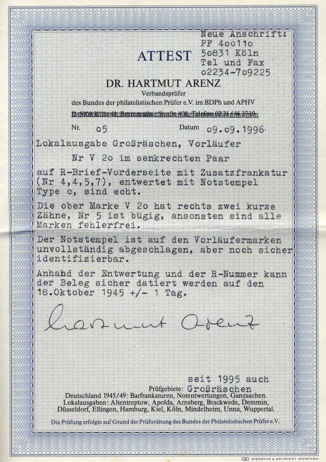 GROSSRÄSCHEN-VORLÄUFER V 20c Paar BRIEF, 1945, 5 Pf. Blau Auf Grün, Zwei Wertangaben Im Senkrechten Paar (obere Marke 2 - Correos Privados & Locales