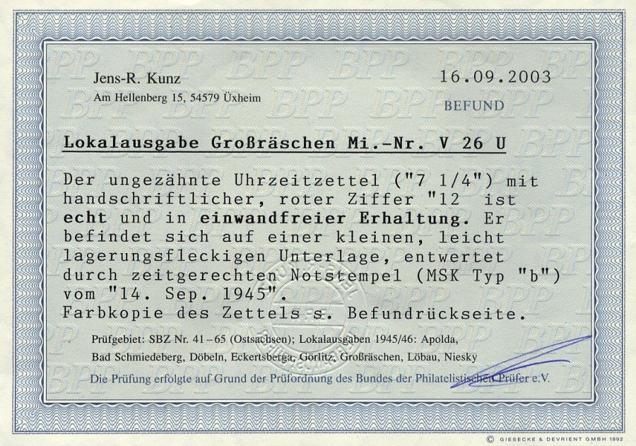 GROSSRÄSCHEN-VORLÄUFER V 26U BrfStk, 1945, 12 Pf. Rot, Ungezähnt, Prachtbriefstück, Fotobefund Kunz, Mi. (600.-) - Private & Local Mails