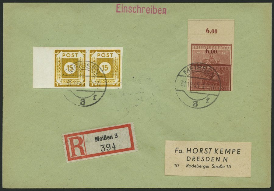 MEISSEN 38aBDD BRIEF, 1945, 12 Pf. Braunrot Wiederaufbau, Ungezähnt, Doppeldruck, Prachtbrief, Mi. 600.- - Correos Privados & Locales