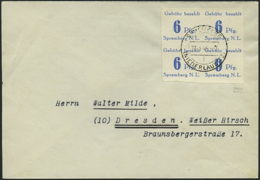 SPREMBERG 10BK BRIEF, 1946, 6 Pf. Violettultramarin, Ungezähnt, Mit Abart Wertziffer 6 Kopfstehend, Im Viererblock Mit N - Correos Privados & Locales